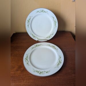 EKCO Blossomtime Dinner Plate Set Of 2 Green Floral Border Plat Trim Vintage D/C